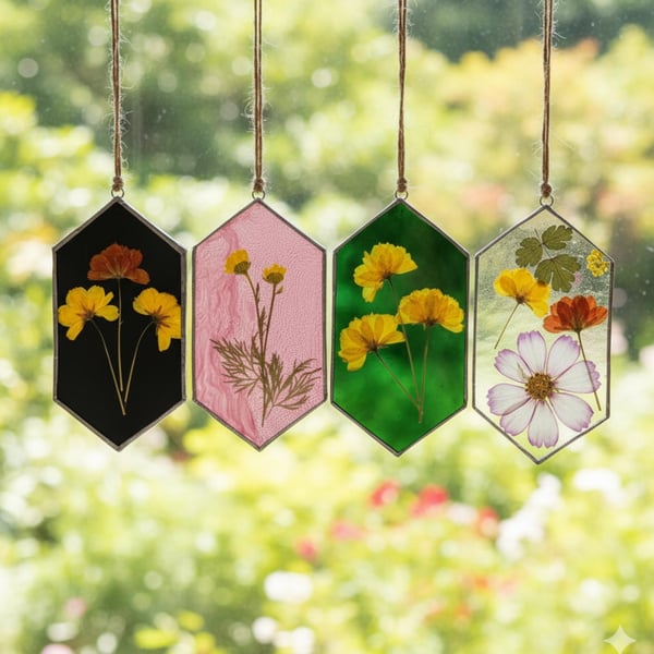 Handmade Pressed Flower Stained Glass Hexagon Wall Hanging