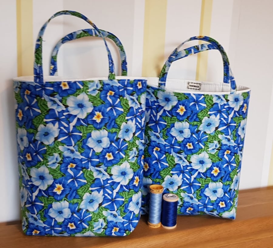 Fabric reusable gift bag, floral: blue petunias 