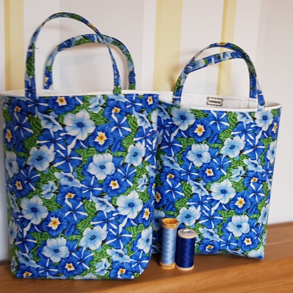 Fabric reusable gift bag, floral: blue petunias 