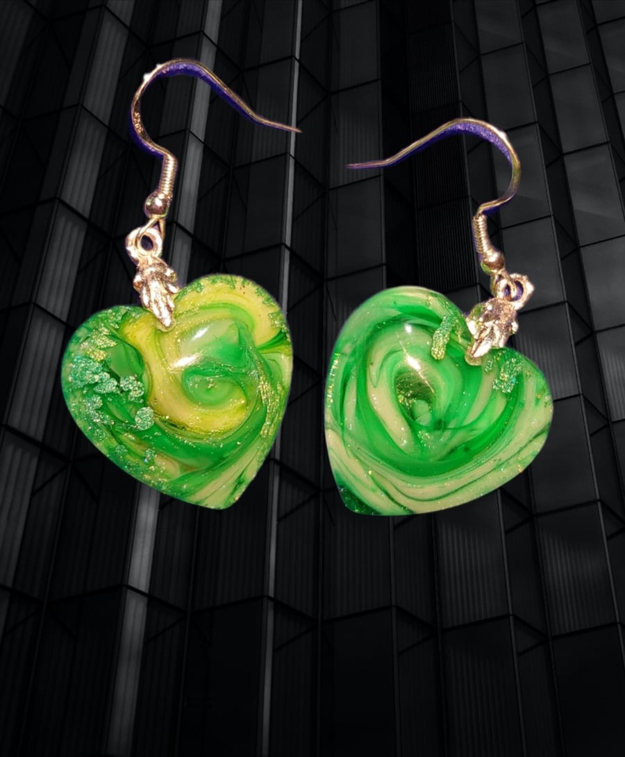 Swirly green sparkle heart earrings