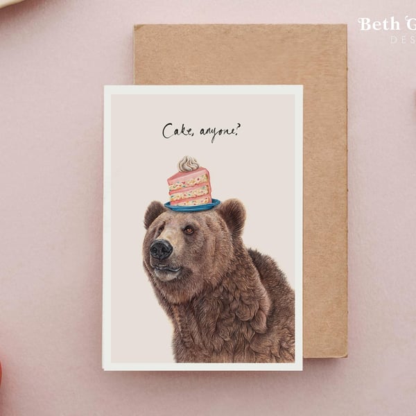 Bear & Cake Birthday card - Grizzly Bear Birthday Card, Sweet Birthday Cake Card