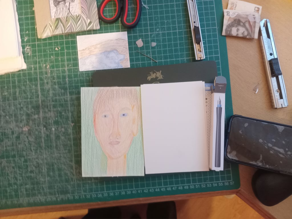 Original drawing outsider expressionist style coloured pencil drawing A6 size