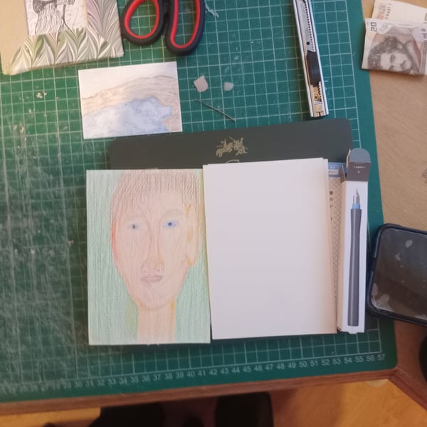 Original drawing outsider expressionist style coloured pencil drawing A6 size