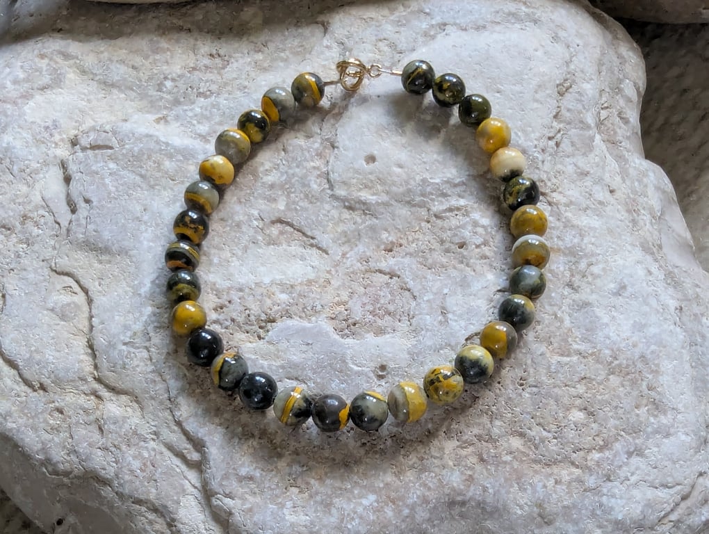 Gold filled bracelet, Bumble Bee Jasper Beads