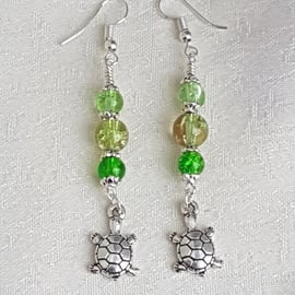 Gorgeous Tortoise Charm Earrings with Green Beads.