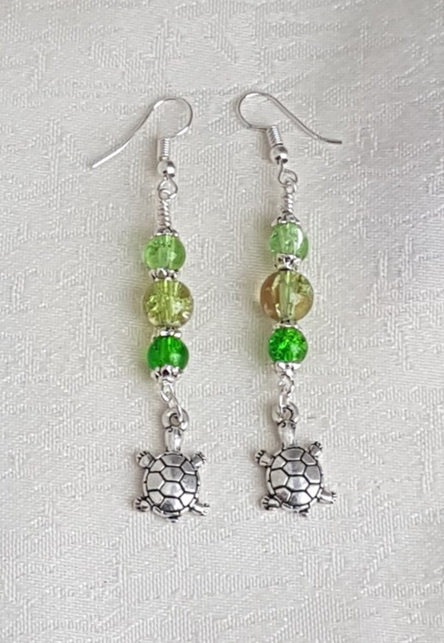 Gorgeous Tortoise Charm Earrings with Green Beads.