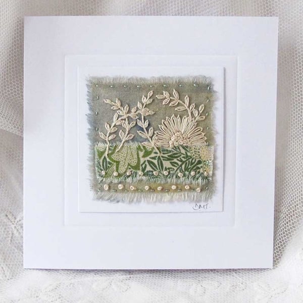 HAND EMBROIDERED GREETING CARD WILLIAM MORRIS FLORAL