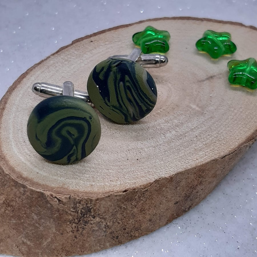 Polymer clay cufflinks in sage and navy, comes with gift box