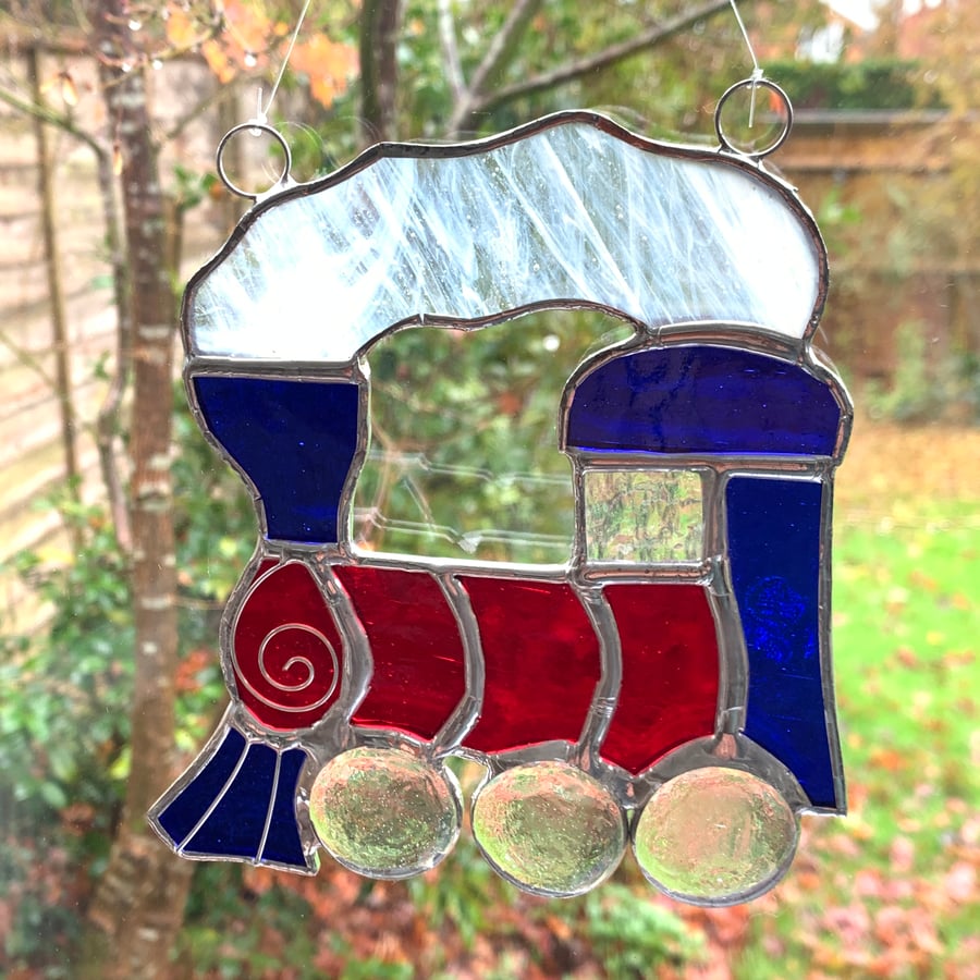 Stained Glass Train Suncatcher - Handmade Hanging Decoration - Blue and Red
