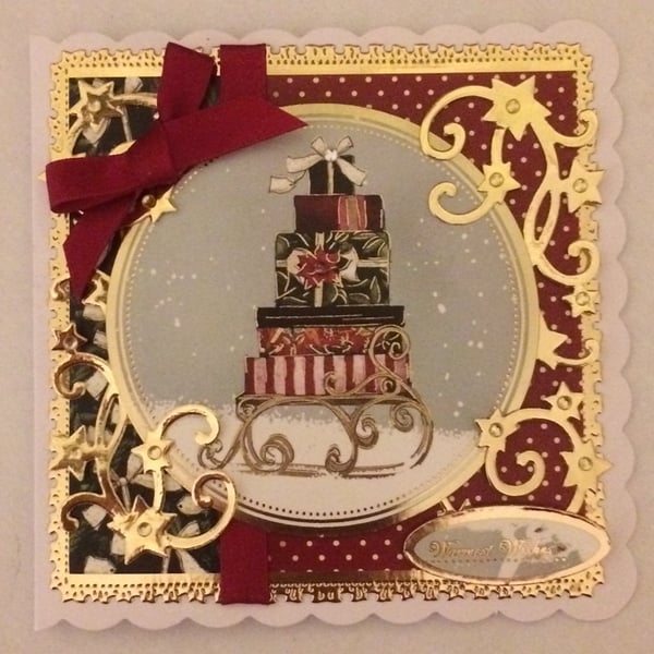 Christmas Card Warmest Wishes Sleigh full of Presents 3D Luxury Handmade Card