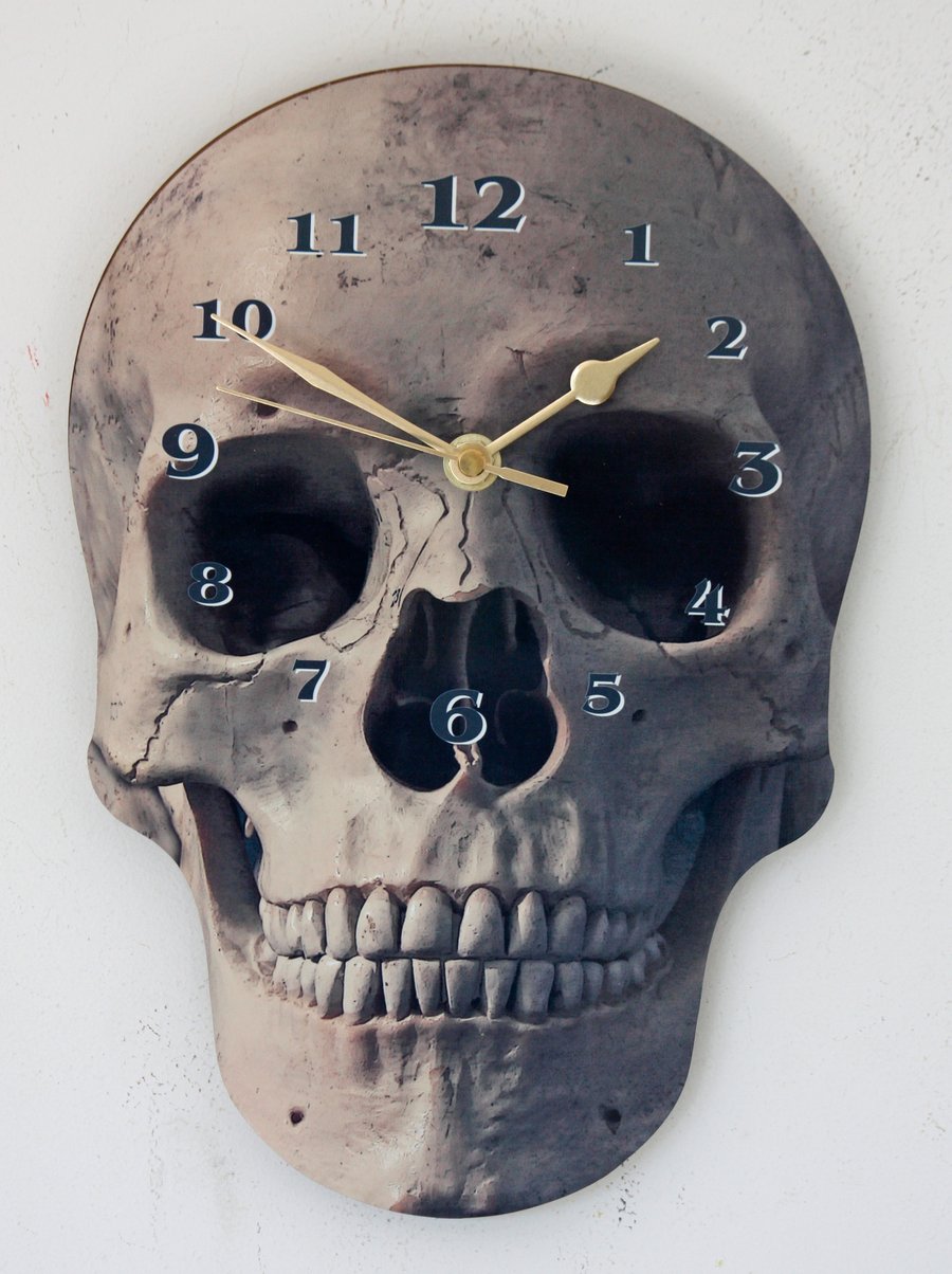 Skull wall clock - 28cm tall novelty clock sent Post Free