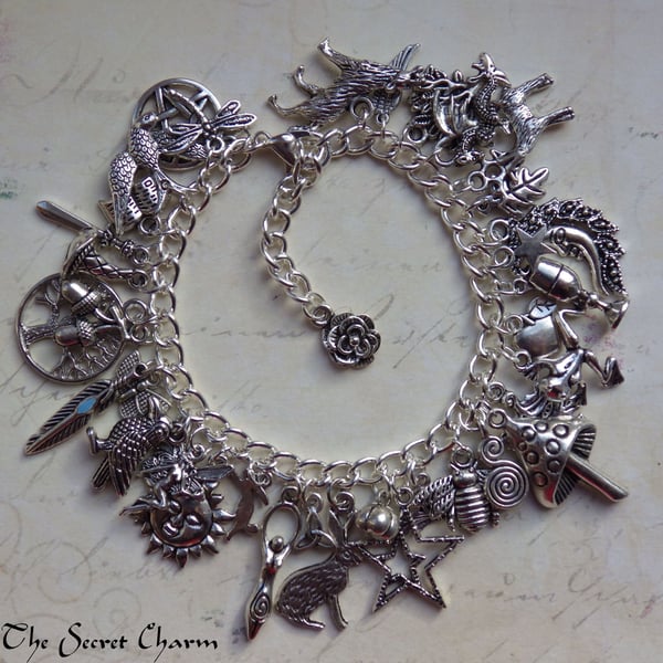 Handmade Silver Plated Pagan Charm Bracelet, Loaded Bracelet, Wiccan Jewellery