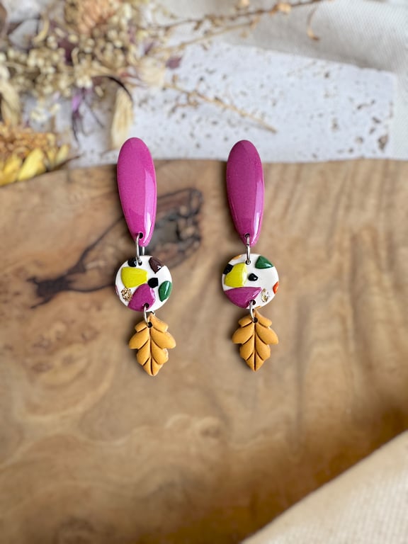 Autumn Magenta Plum Oval & Mustard Oak Leaf Polymer Clay Earrings