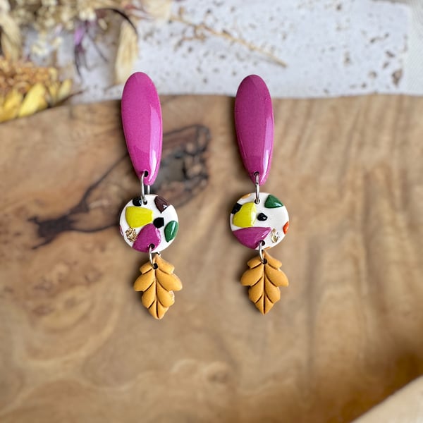 Autumn Magenta Plum Oval & Mustard Oak Leaf Polymer Clay Earrings