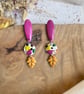 Autumn Magenta Plum Oval & Mustard Oak Leaf Polymer Clay Earrings