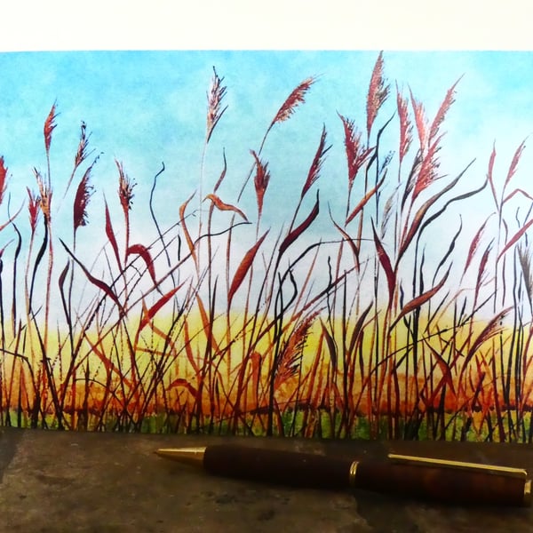 Summer Fen Reeds Field Landscape Greeting Card from Original Watercolour