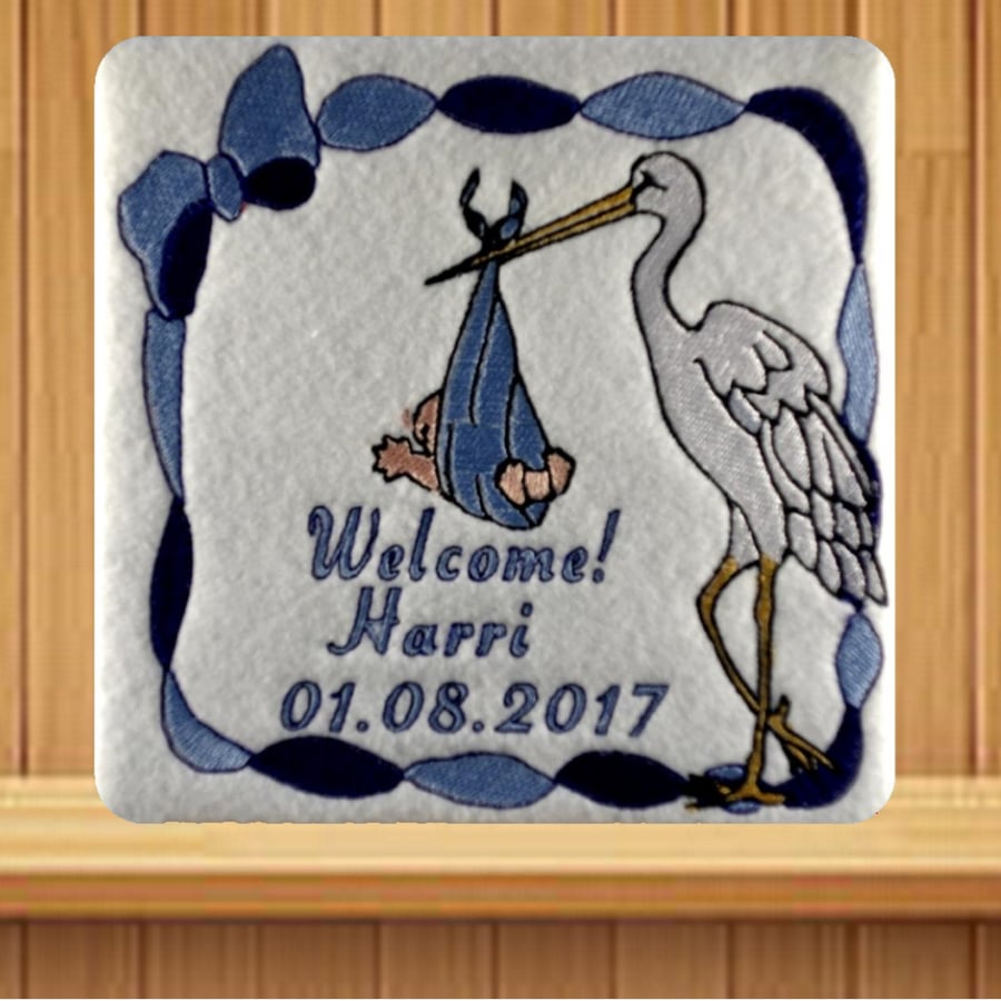 Handmade baby boy and stork personalised card embroidered design