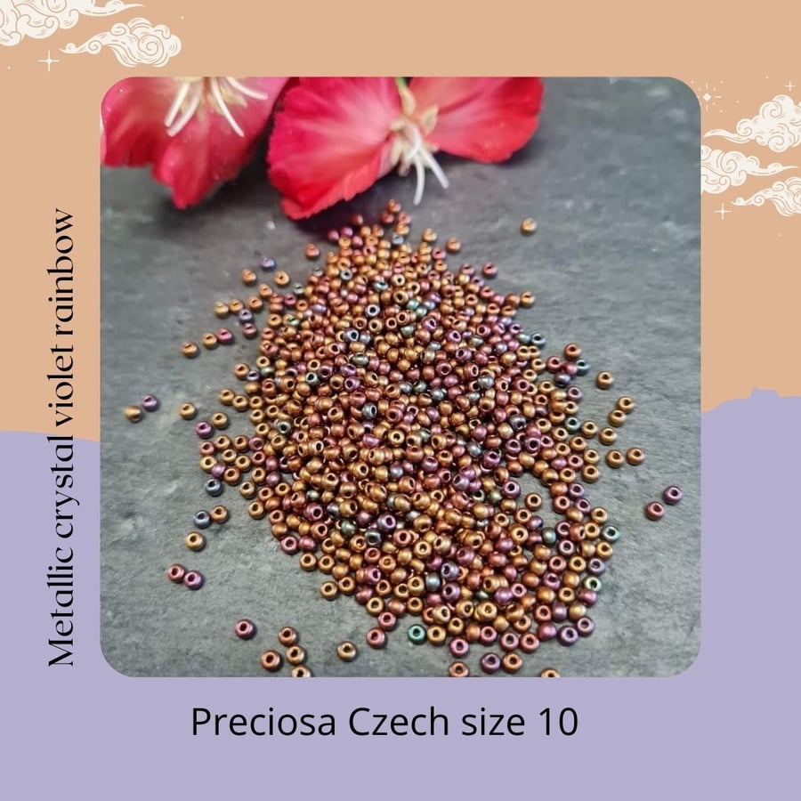 10 gram pack Czech Preciosa Seed Beads Size 10 - Metallic Crystal Violet Rainbow