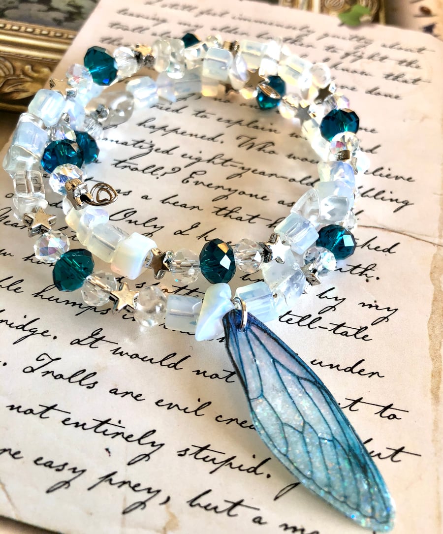 RESERVED FOR JAYNE Opal and Blue Crystal Fairy Wing Bracelet