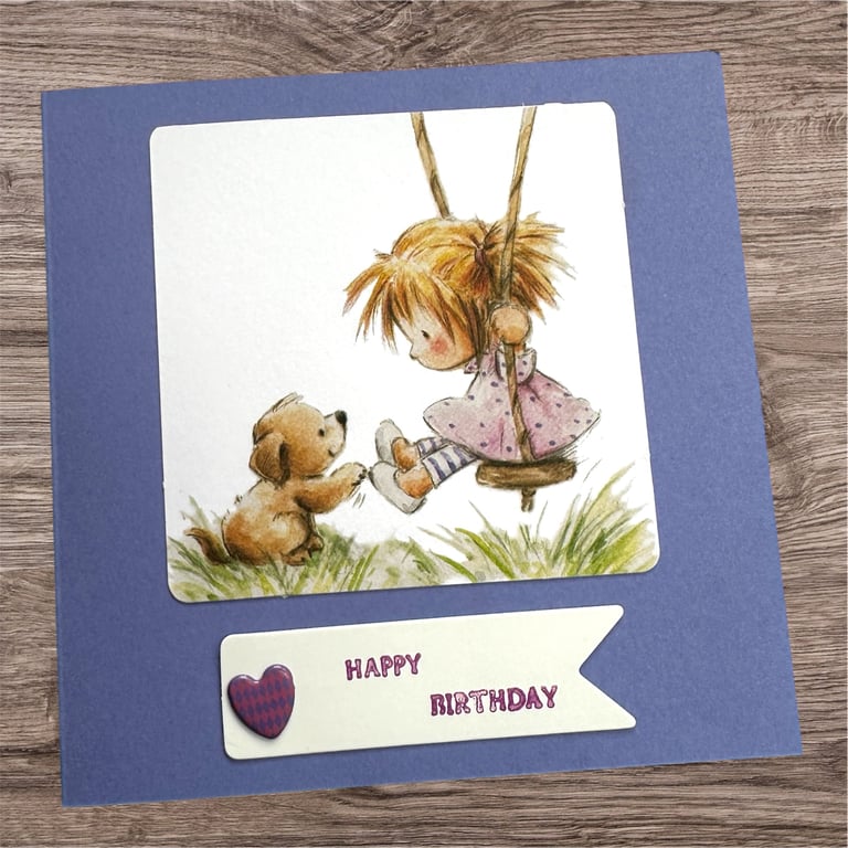 Happy birthday card for a young girl. Cute retro girl on a swing with puppy 