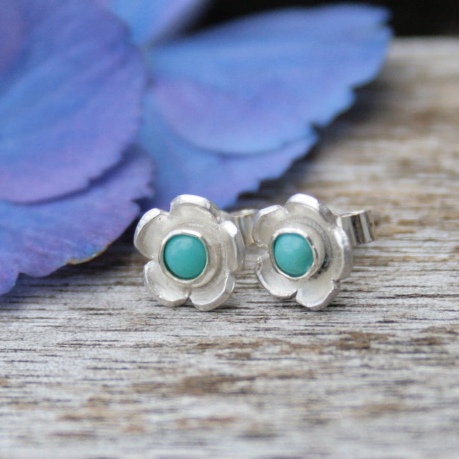 Turquoise and flower stud earrings, gemstone earrings, December birthstone