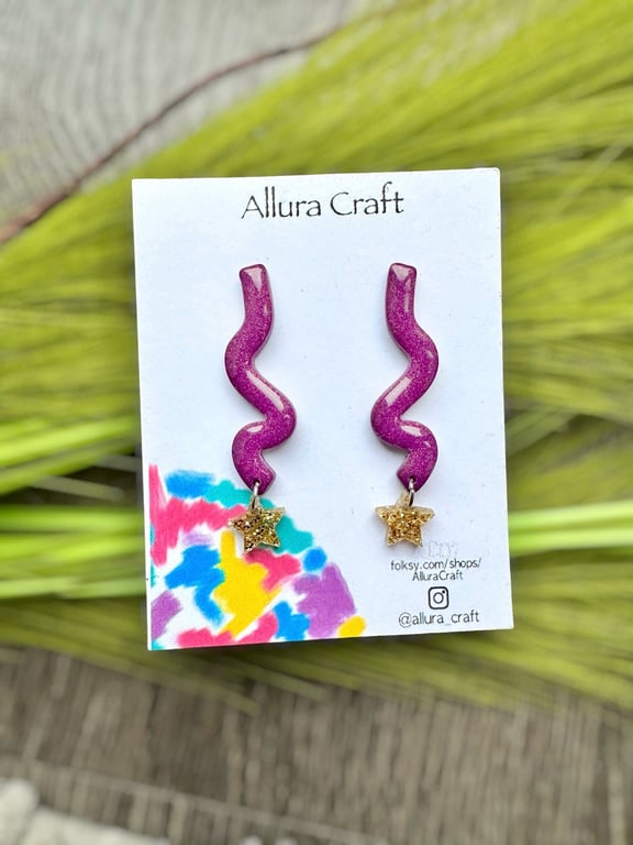 Purple Shimmer Squiggle and Star Earrings - Polymer Clay Dangles