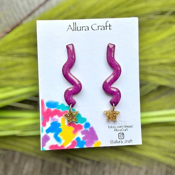 Purple Shimmer Squiggle and Star Earrings - Polymer Clay Dangles