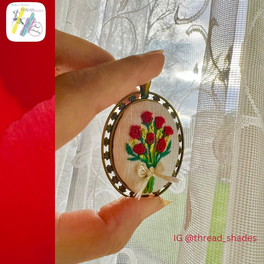 Hand embroidered pendant, handmade necklace, red rose bouquet design, rose flowe