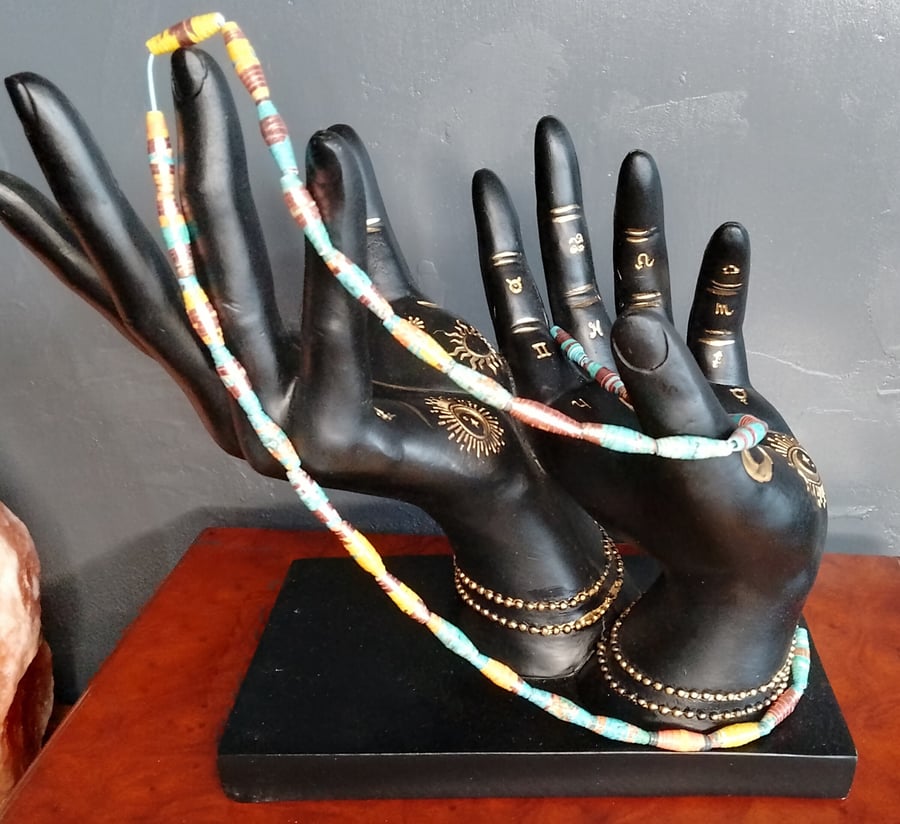 Handmade aqua and yellow summer swirl paper bead necklace