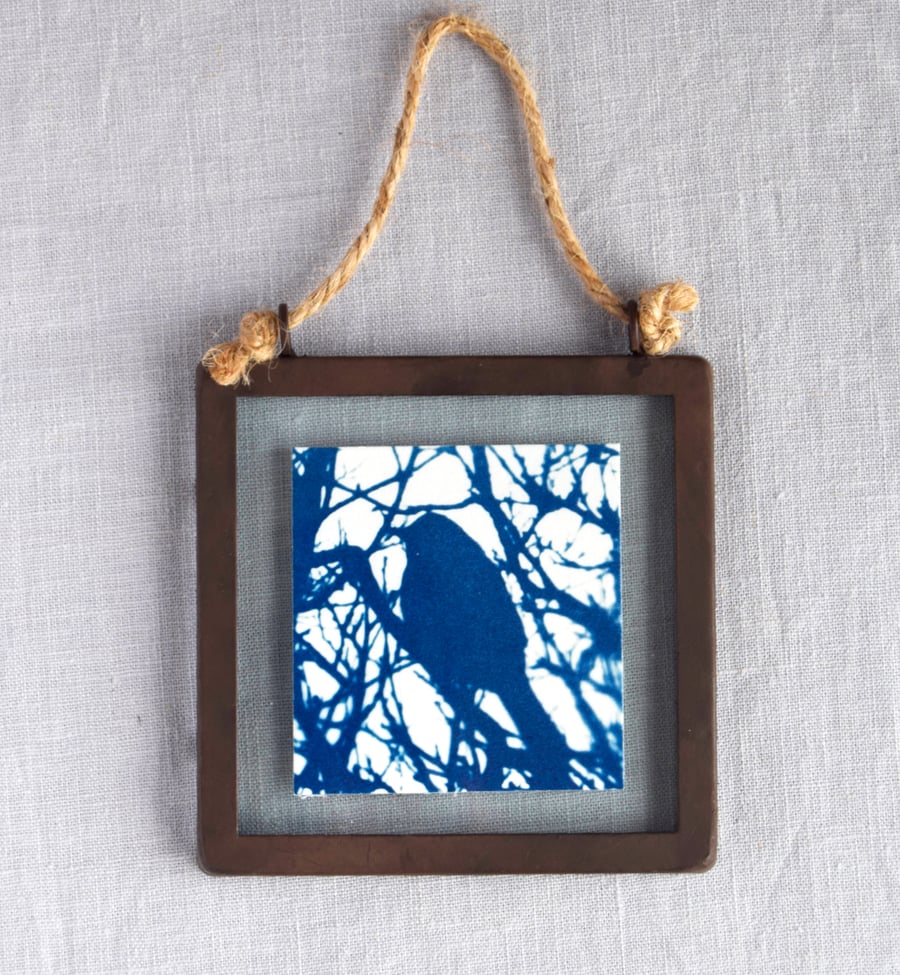 Blue Bird in branches Cyanotype in industrial style metal and glass square frame