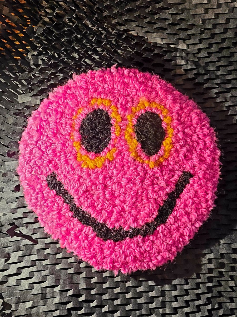 Medium Neon Pink Smiley Face Punch Needle Mug Rug Coaster or Office Mouse Mat