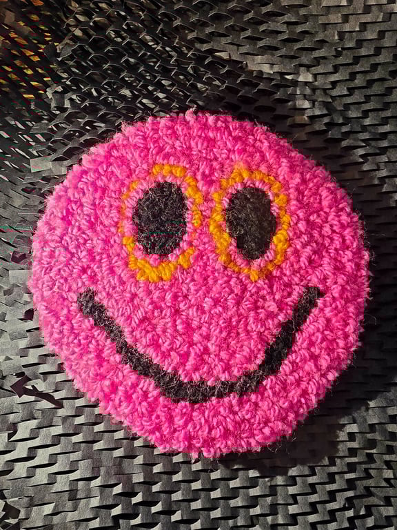 Medium Neon Pink Smiley Face Punch Needle Mug Rug Coaster or Office Mouse Mat
