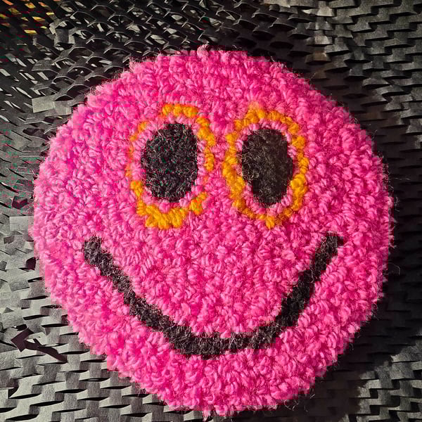 Medium Neon Pink Smiley Face Punch Needle Mug Rug Coaster or Office Mouse Mat