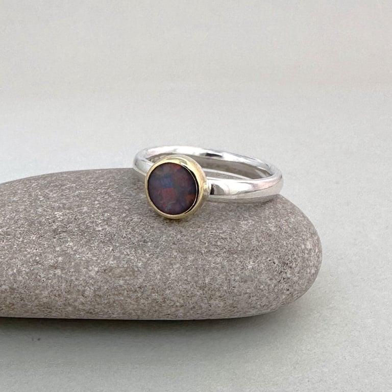 18ct Gold, Sterling Silver and Semi-Black Opal Ring UK Size M