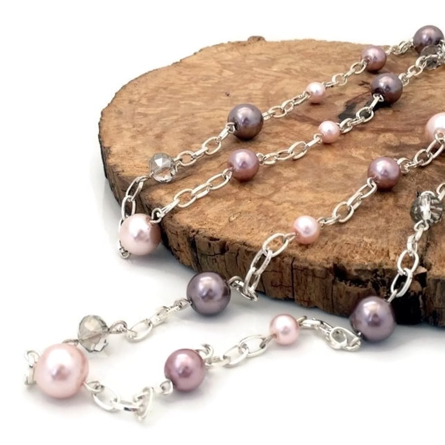SALE - Glass Pearl and Silver Plated Chain Long Necklace