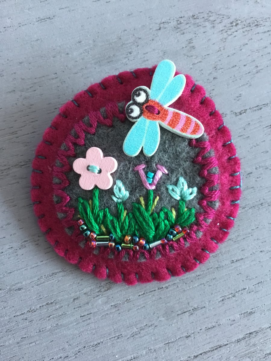 Hand Embroidered Dragonfly Brooch