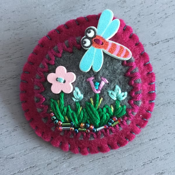 Hand Embroidered Dragonfly Brooch