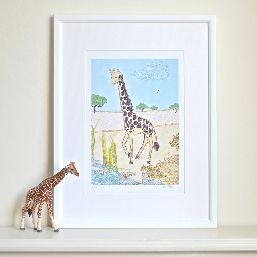 Giraffe picture - giraffe on the savannah scene art print for wall