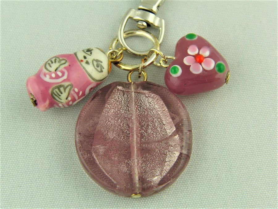 Pink Ceramic Russian Doll, Pink Glass Heart Bead and Glass Coin Bead Bag Charm