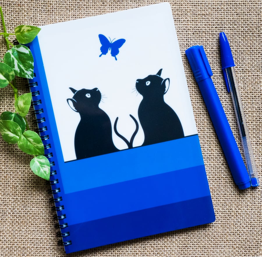 Cats Posing Blue Butterfly Notebook A5 Spiral Bound Lined Wipe-Clean Cover  