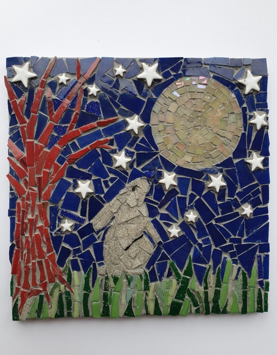 Moon Gazing Hare, mosaic moon gazing hare, hare, hare art, moon gazing hare art 