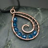 Copper Wire Weave Spiral Drop Pendant with Faceted Capri Blue Beads