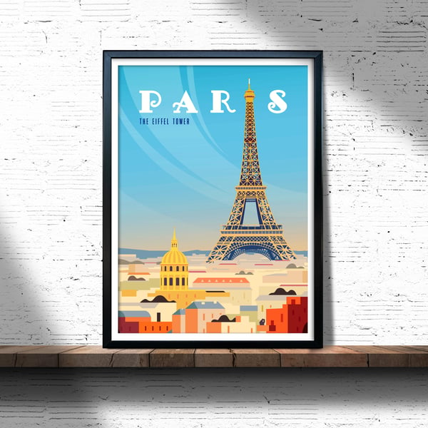 Paris retro travel poster, Paris city print, The Eiffel tower print, France art