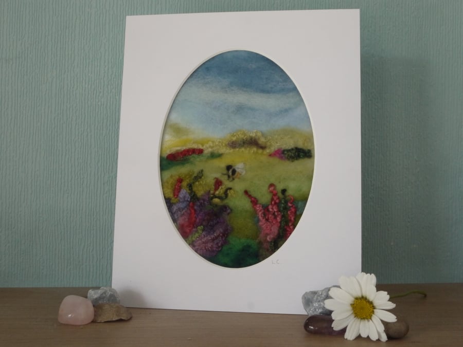 Handmade needle felted Flower Garden with Bee Mounted Art