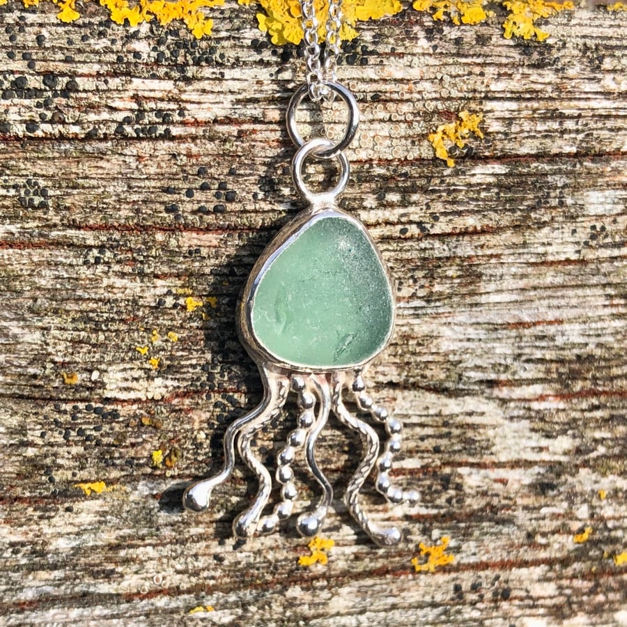 Dark Seafoam Sea Glass and Sterling Silver Jelly Fish Pendant - 1296
