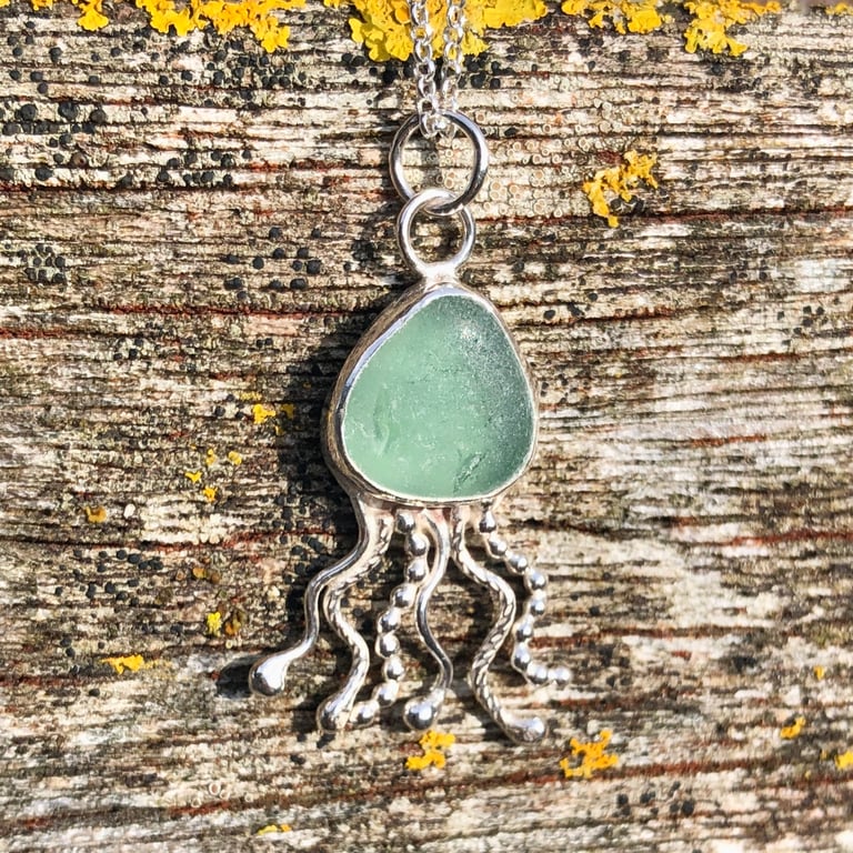 Dark Seafoam Sea Glass and Sterling Silver Jelly Fish Pendant - 1296