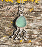 Dark Seafoam Sea Glass and Sterling Silver Jelly Fish Pendant - 1296 - Image 1