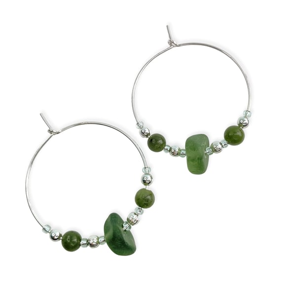 Sea Glass Hoop Earrings. Large Green Sterling Silver Jade Crystal Beaded Hoops