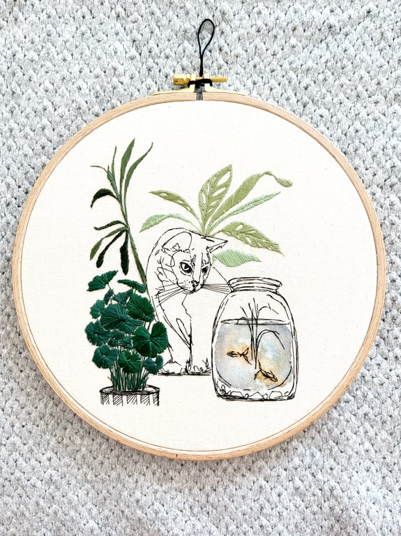 Hand Sewn Cat Embroidery Hoop Art: Watercolour Plant Illustration