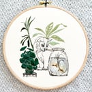 Hand Sewn Cat Embroidery Hoop Art: Watercolour Plant Illustration